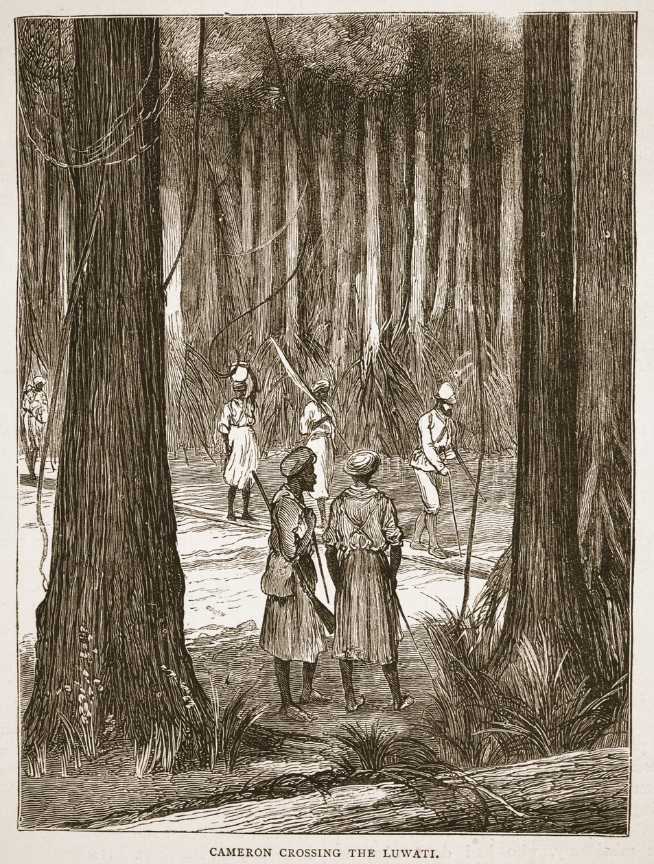 Cameron überquert den Luwati, Illustration aus der Bildausgabe des Lebens und der Entdeckungen von David Livingstone von J. Ewing Richie, veröffentlicht von A. Fullarton & Co., 1876 von English School