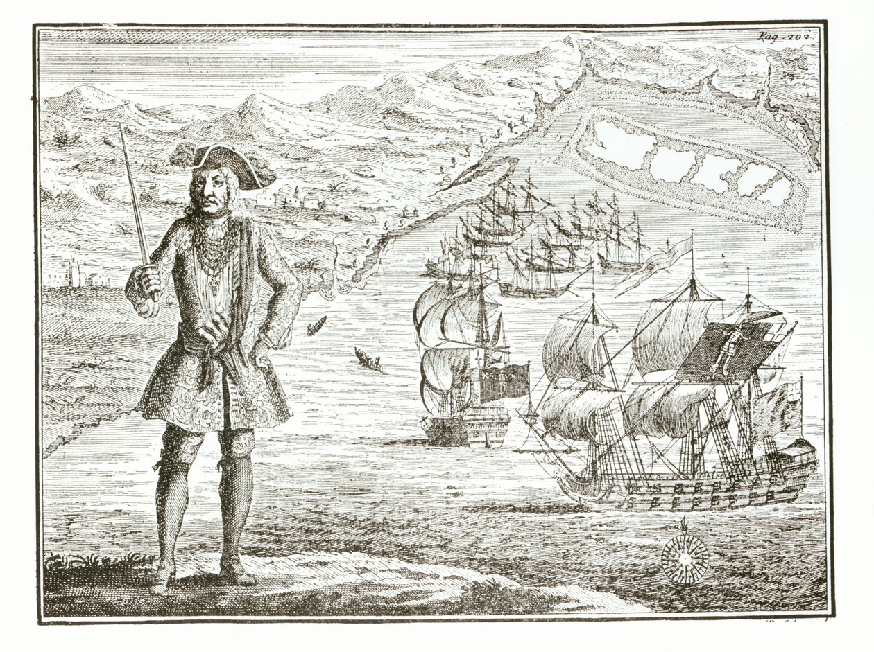 Kapitän Bartholomew Roberts (1682-1722) mit zwei Schiffen, der Royal Fortune und Ranger, segelt in Whydah Road an der Küste von Guinea, 11. Januar 172? aus Eine allgemeine Geschichte der Raubüberfälle und Mu von English School