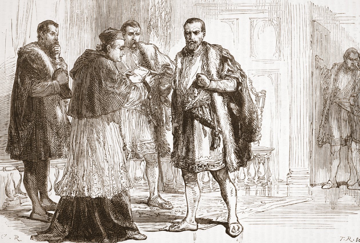 Kardinal de Tournon liest Franz I. das protestantische Plakat vor, Illustration aus Die Geschichte des Protestantismus von James Aitken Wylie, veröffentlicht 1878 von English School