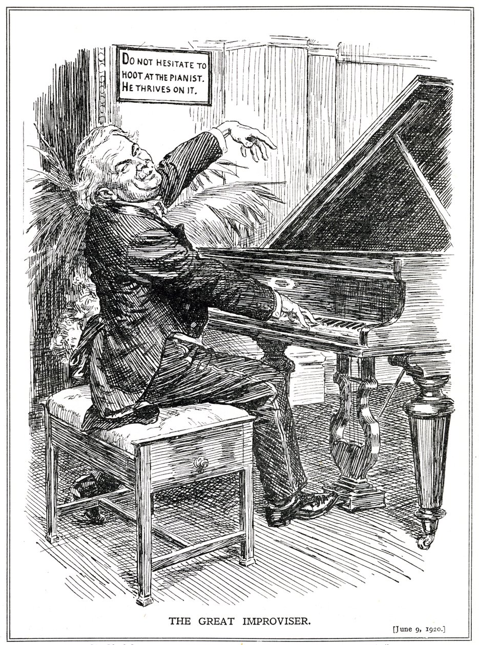 Karikatur, die LLoyd George als den großen Improvisator oder Führer der Improvisa-Tories verspottet, Juni 1920 von English School