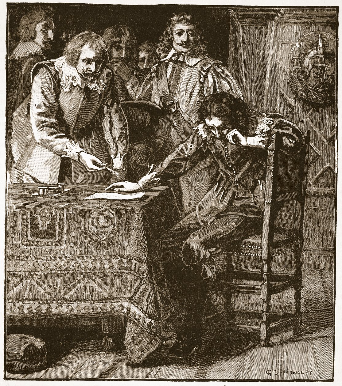 Charles unterzeichnet die Zustimmung zur Verurteilung von Strafford, Illustration aus Cassells Illustrierter Geschichte Englands von English School