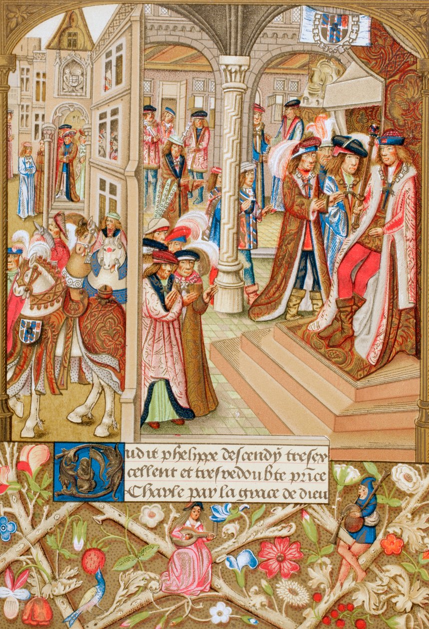 Karl der Kühne auf seinem Thron, umgeben von seinen Baronen und Räten von English School