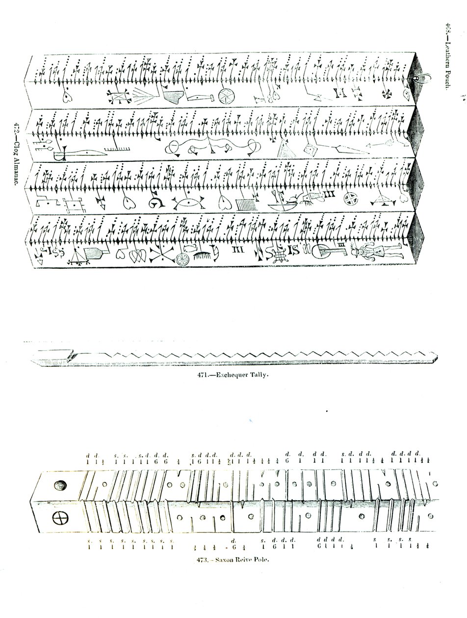 Clog Almanach, Exchequer Tally und sächsischer Reive-Pfahl von English School