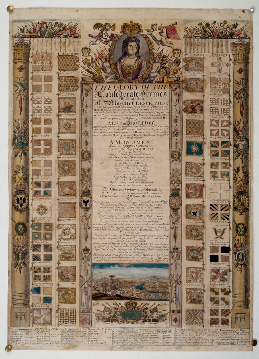 Gedenktafel mit von den Franzosen nach der Schlacht von Blenheim erbeuteten Standarten, ca. 1704 (farbige Liniengravur) von English School