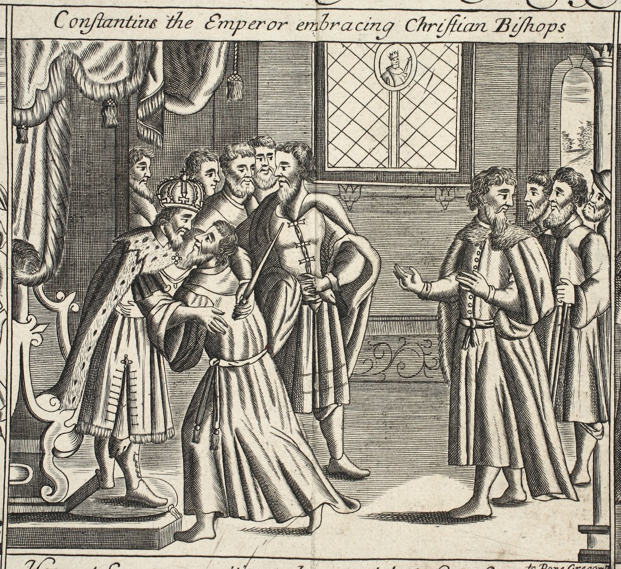 Konstantin der Kaiser umarmt christliche Bischöfe, Illustration aus Acts and Monuments von John Foxe, neunte Ausgabe, veröffentlicht 1684 von English School