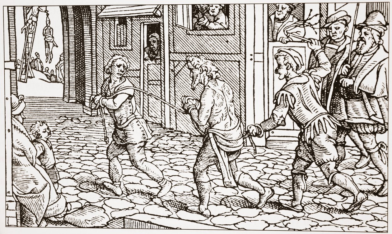 Zeitgenössischer Holzschnitt, der einen Vagabunden zeigt, der durch die Straßen einer Stadt gepeitscht wird von English School