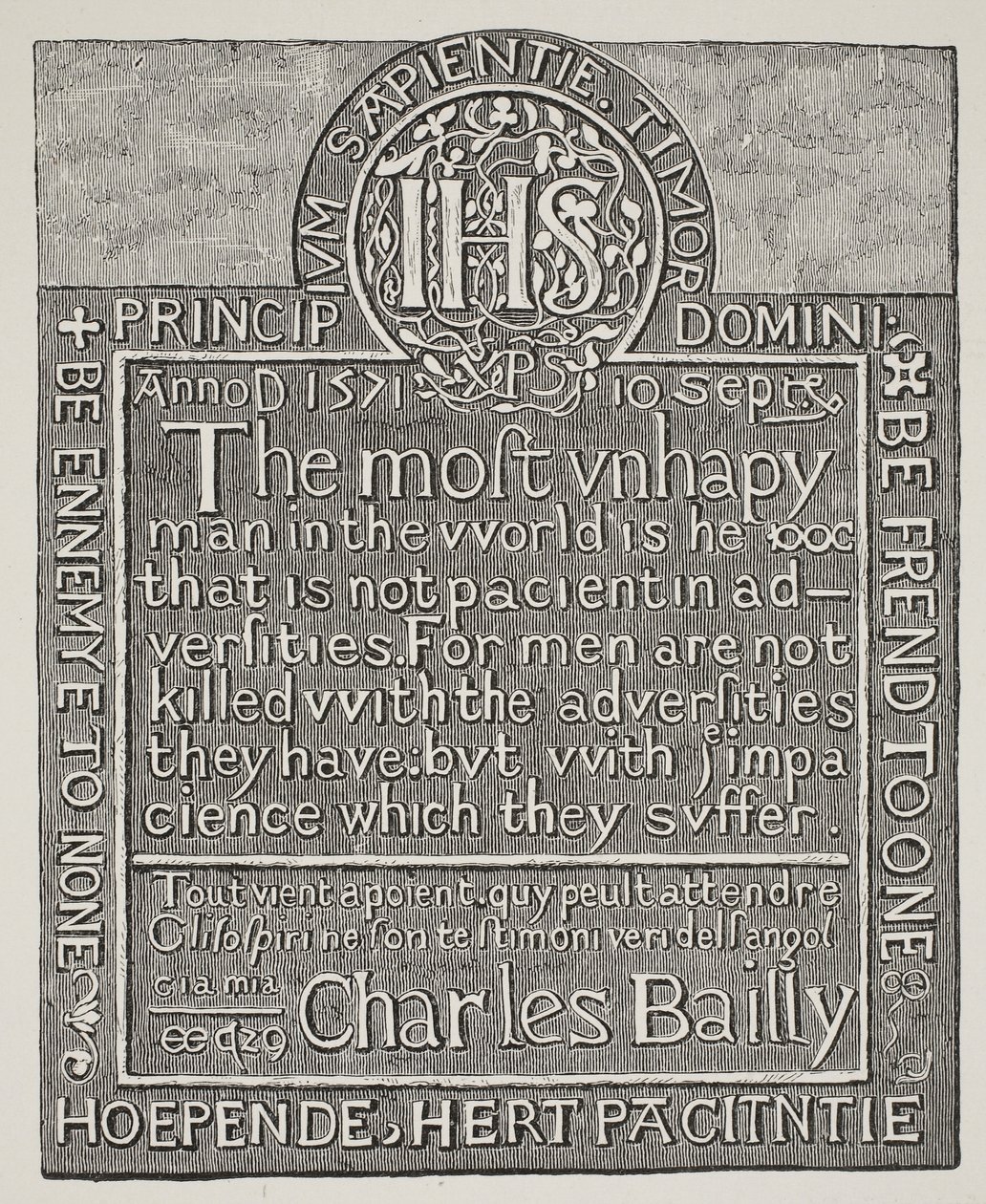 Kopie einer Schnitzerei von Charles Bailly, von der Wand des Beauchamp Tower, Tower of London, 1571 von English School