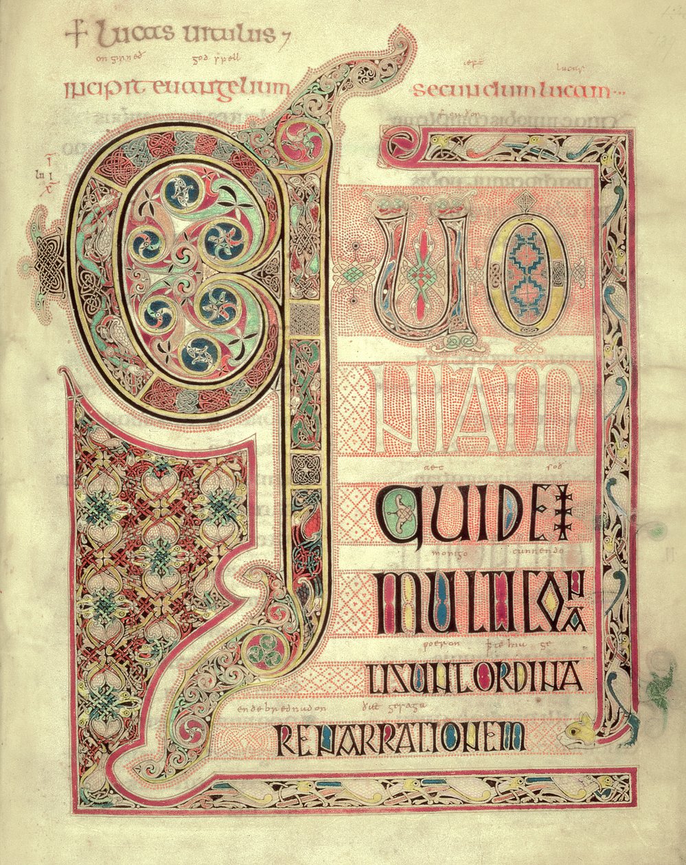 Incipit-Seite zum Evangelium des Heiligen Lukas, aus den Lindisfarne Gospels von English School