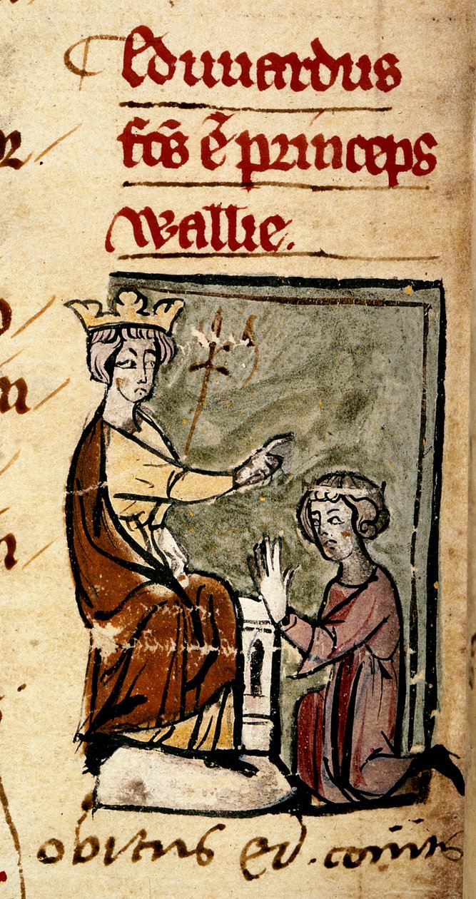 Edward von Caernarvon (Edward II.) wird von seinem Vater, König Edward I., zum Prinzen von Wales und Earl of Chester ernannt, im Lincoln-Parlament am 7. Februar 1301, aus der 