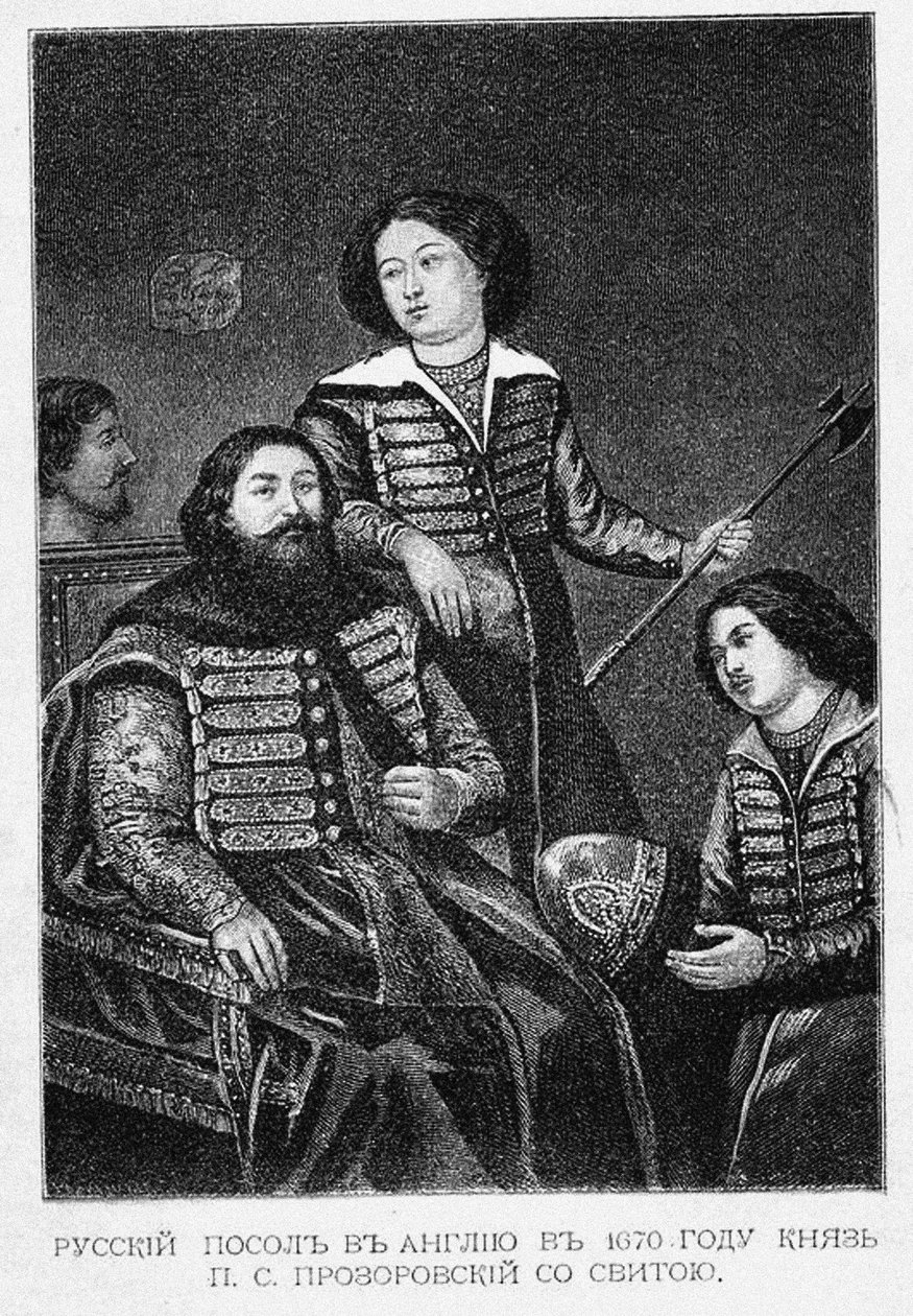 Graf Pyotr Semyonovich Prozorovsky mit seiner Botschaft in England im Jahr 1670 von English School