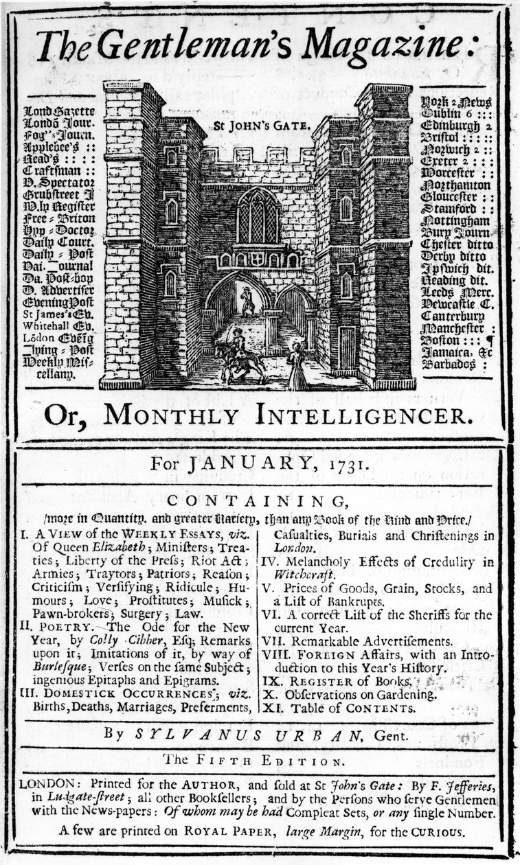 Umschlag der ersten Ausgabe von The Gentlemans Magazine, veröffentlicht Januar 1731 von English School