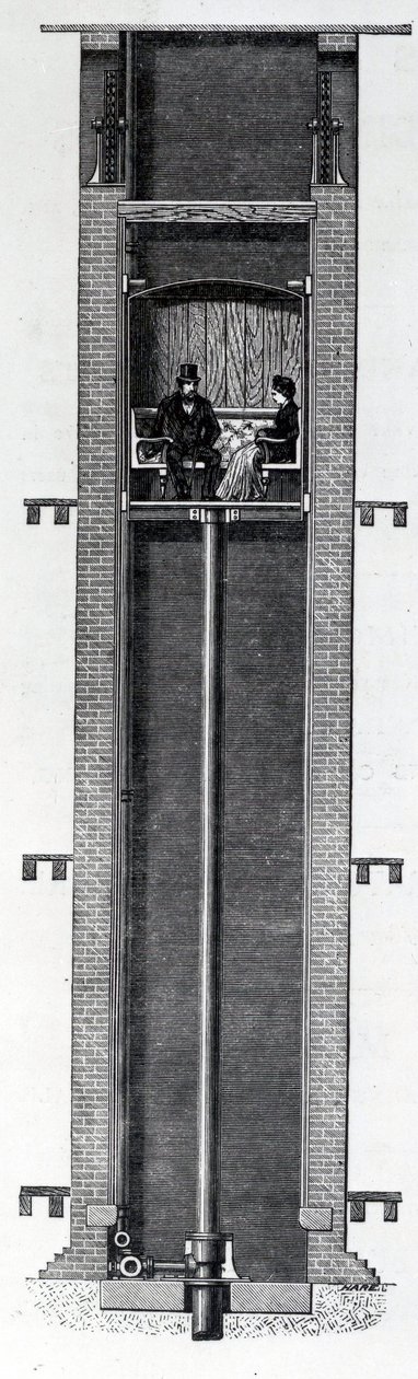 Coylers verbesserte selbsttätige hydraulische Personenaufzüge, 19. Jahrhundert von English School