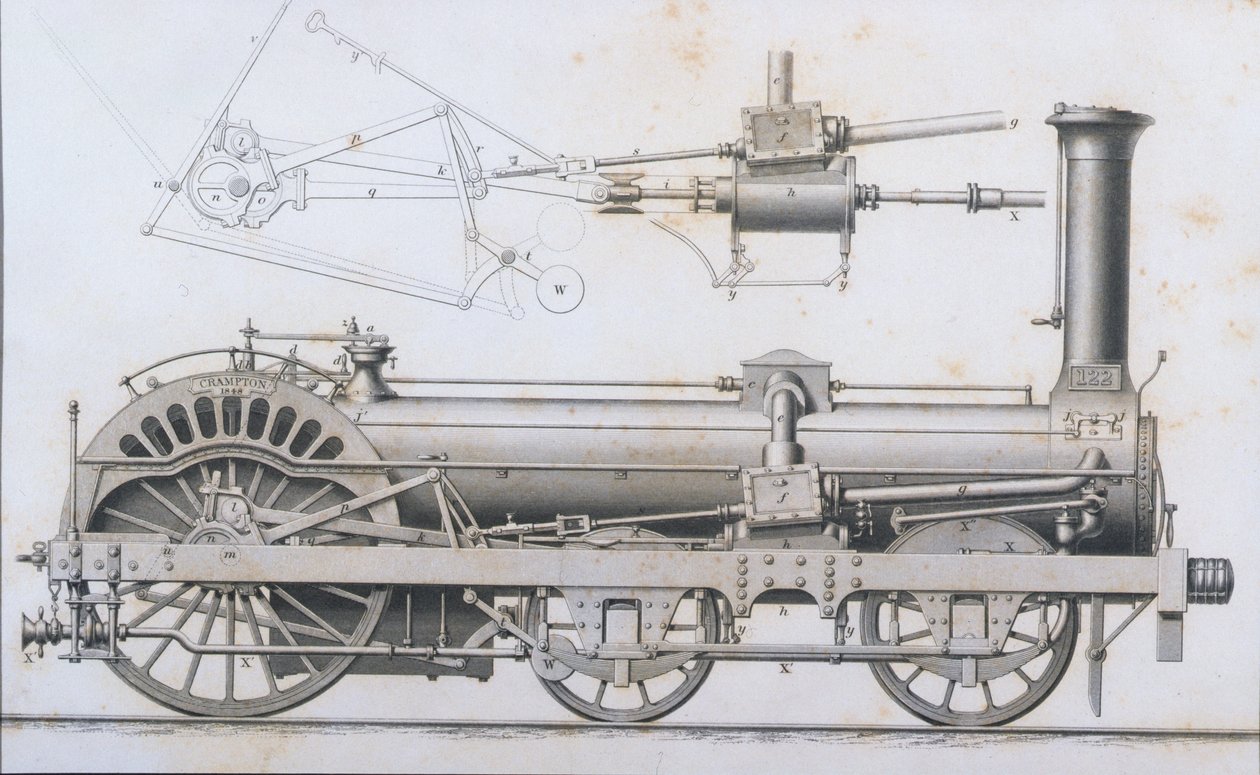 Cramptons Dampflokomotive aus der Enzyklopädie der nützlichen Künste & Manufakturen, herausgegeben von Charles Tomlinson, ca. 1880er Jahre von English School