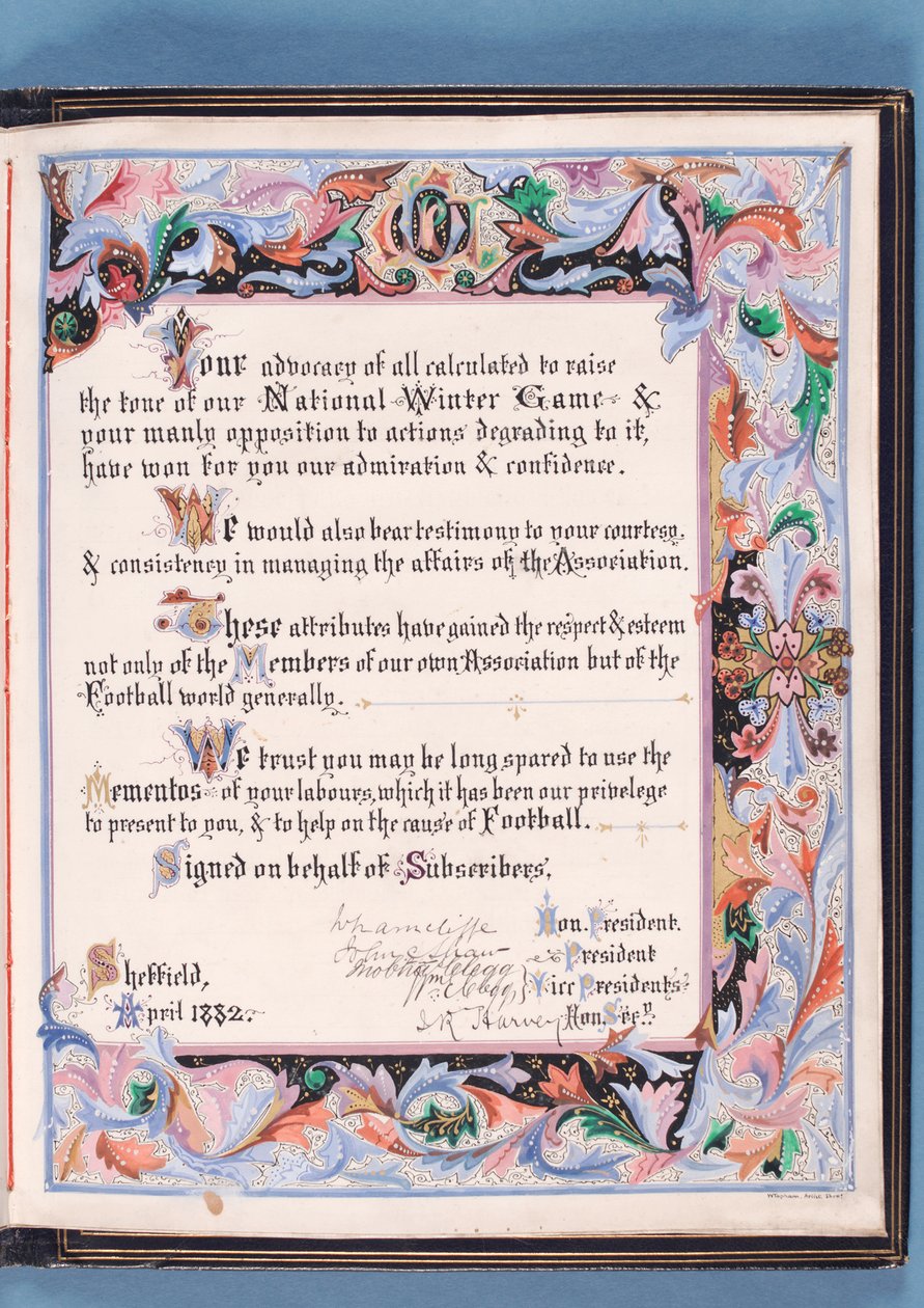 Widmung aus einer Ansprache, die von der Sheffield Football Association an William Pierce-Dix anlässlich seines Ruhestands als Sekretär überreicht wurde, 1882 (Tinte auf Papier) von English School