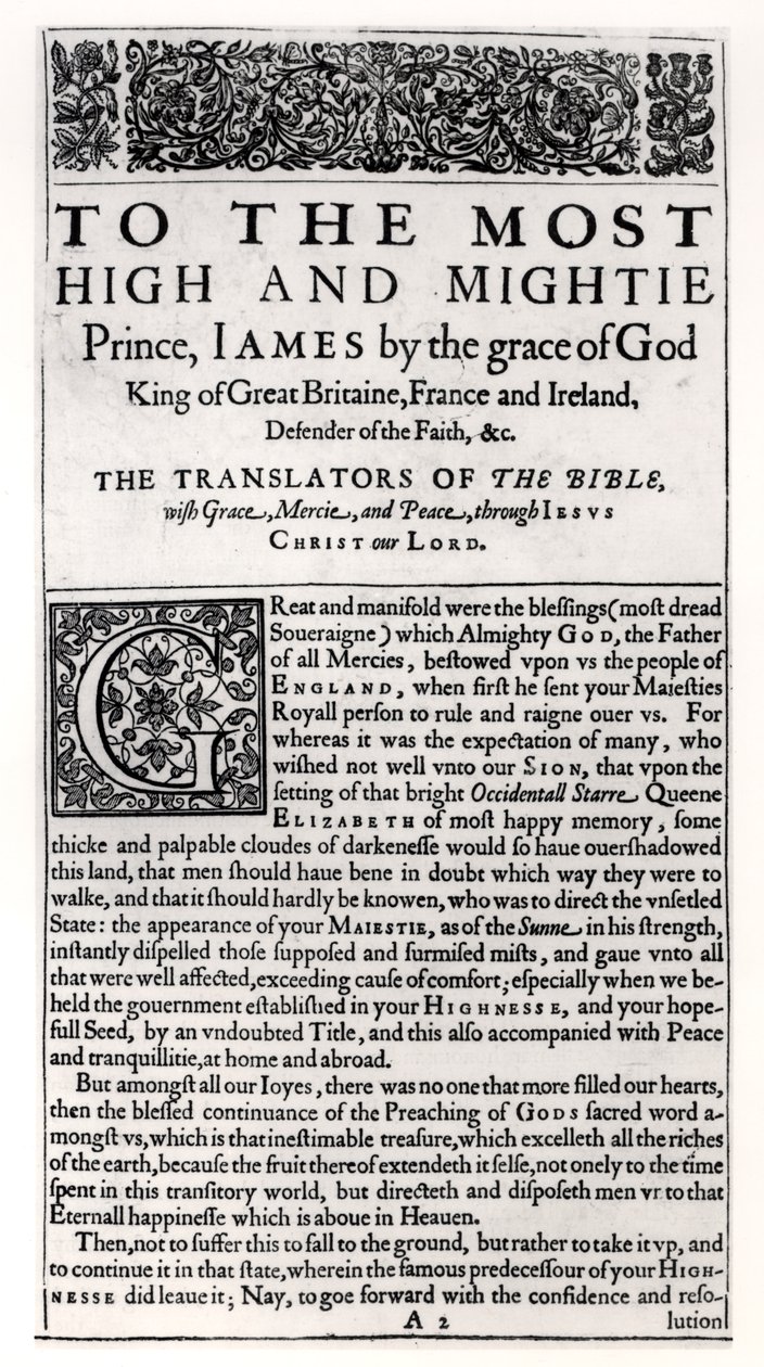 Widmungsseite in der Heiligen Bibel, veröffentlicht von Robert Barker, 1611 von English School