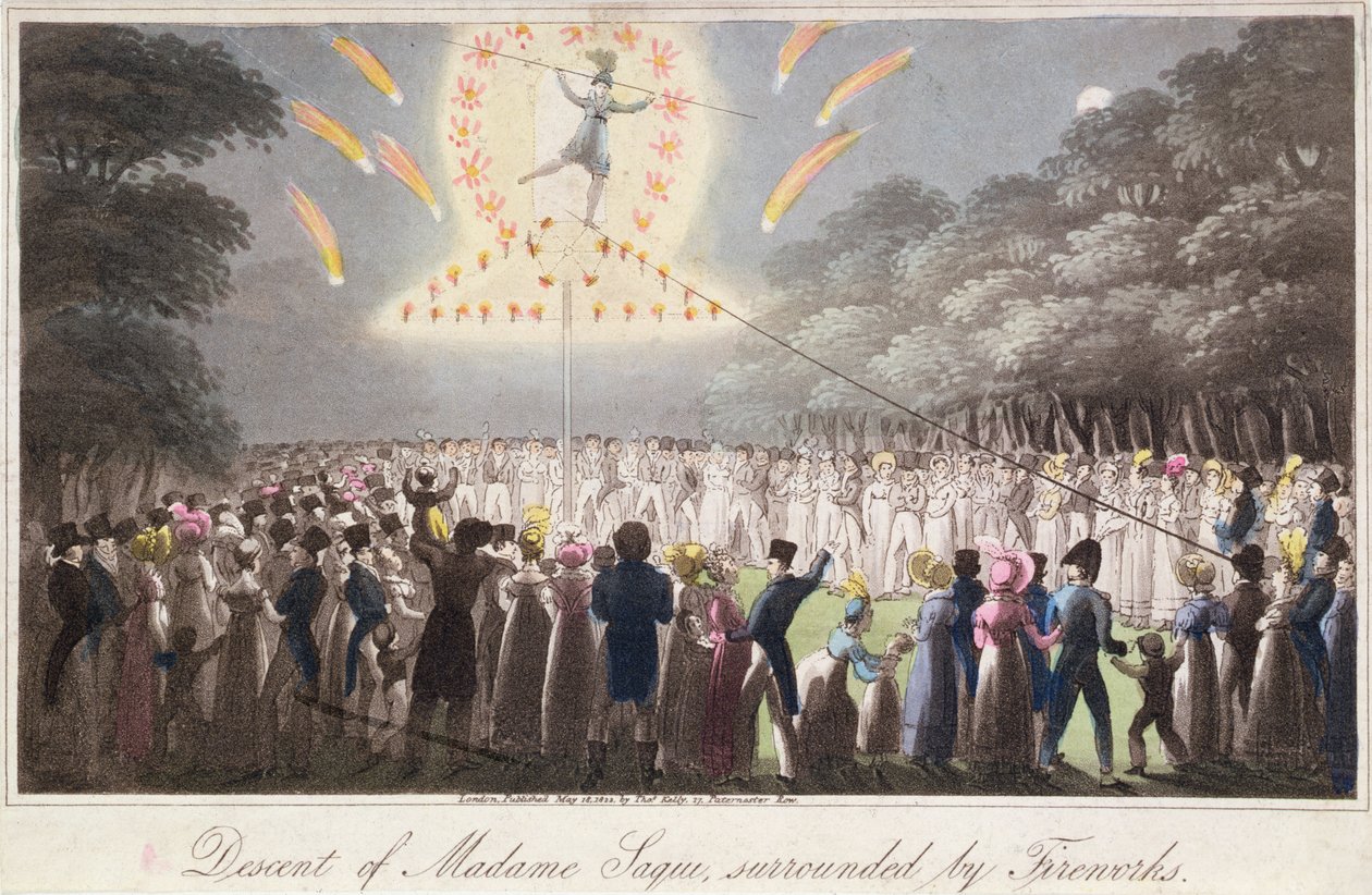 Abstieg von Madame Saqui, umgeben von Feuerwerk, veröffentlicht von Thomas Kelly (fl.1820-55) London von English School