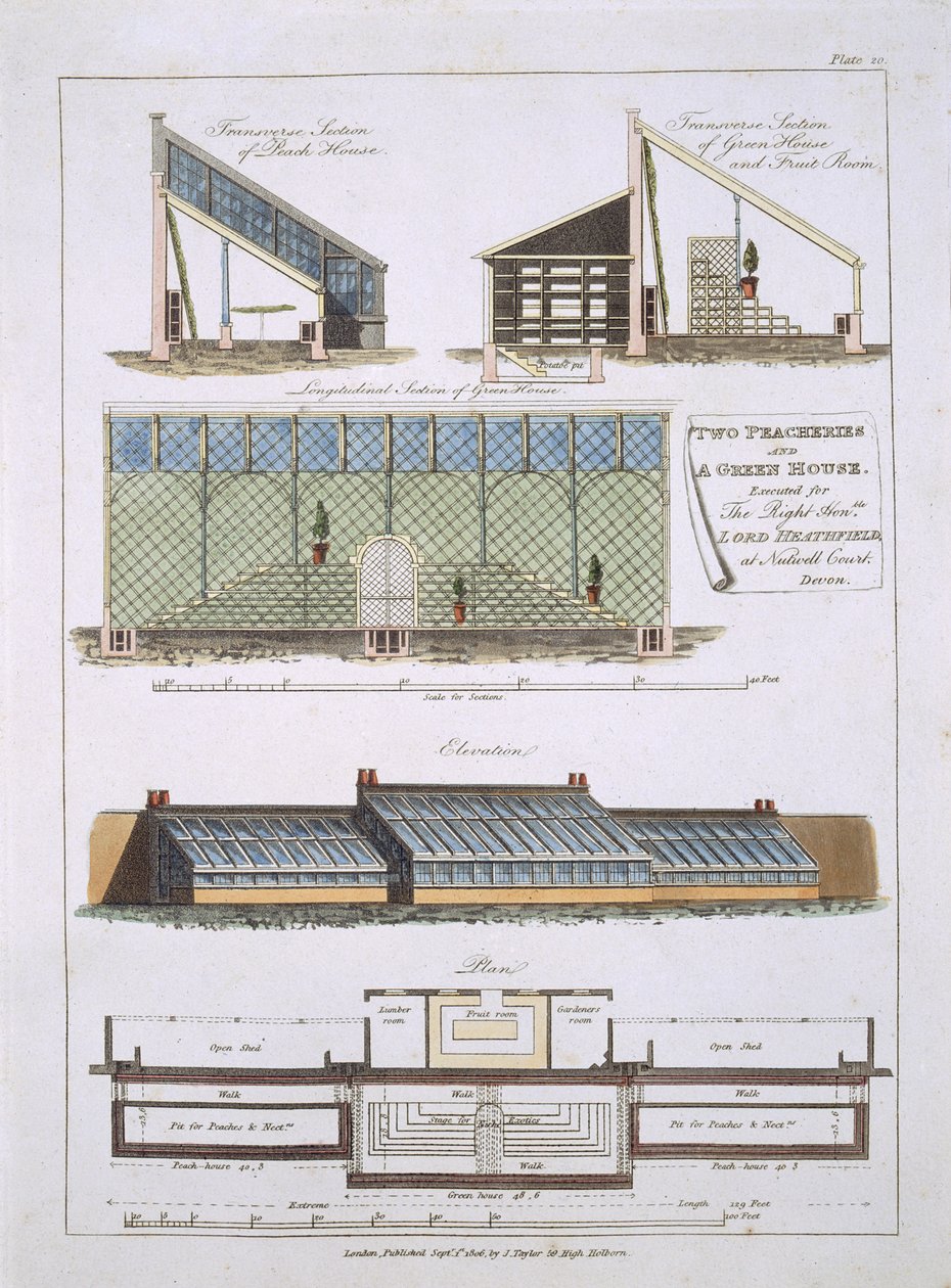 Entwurf für zwei Pfirsichhäuser und ein Gewächshaus, 1806 von English School