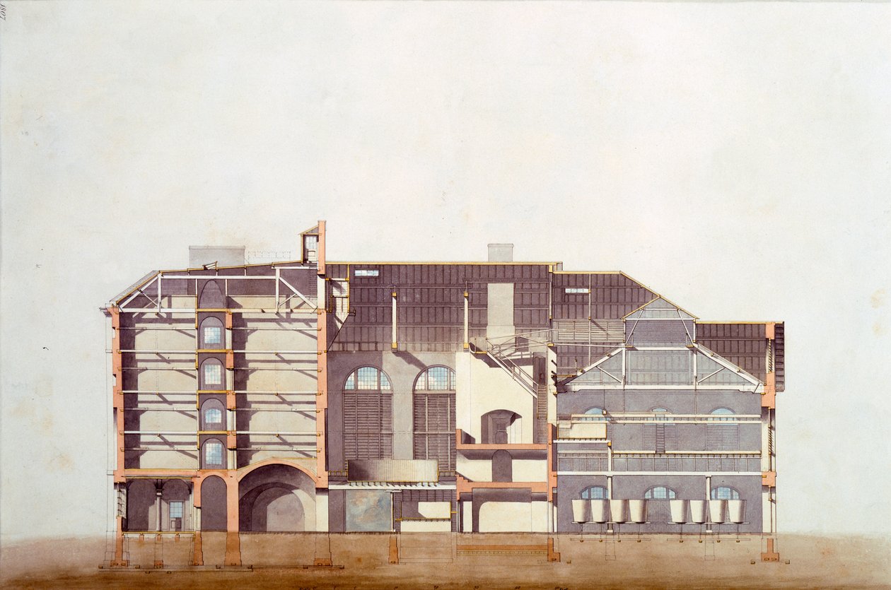 Entwurf für die Hirschbrauerei, Originalmanuskriptzeichnung aus den Büros von George Saunders, ca. 1807 von English School
