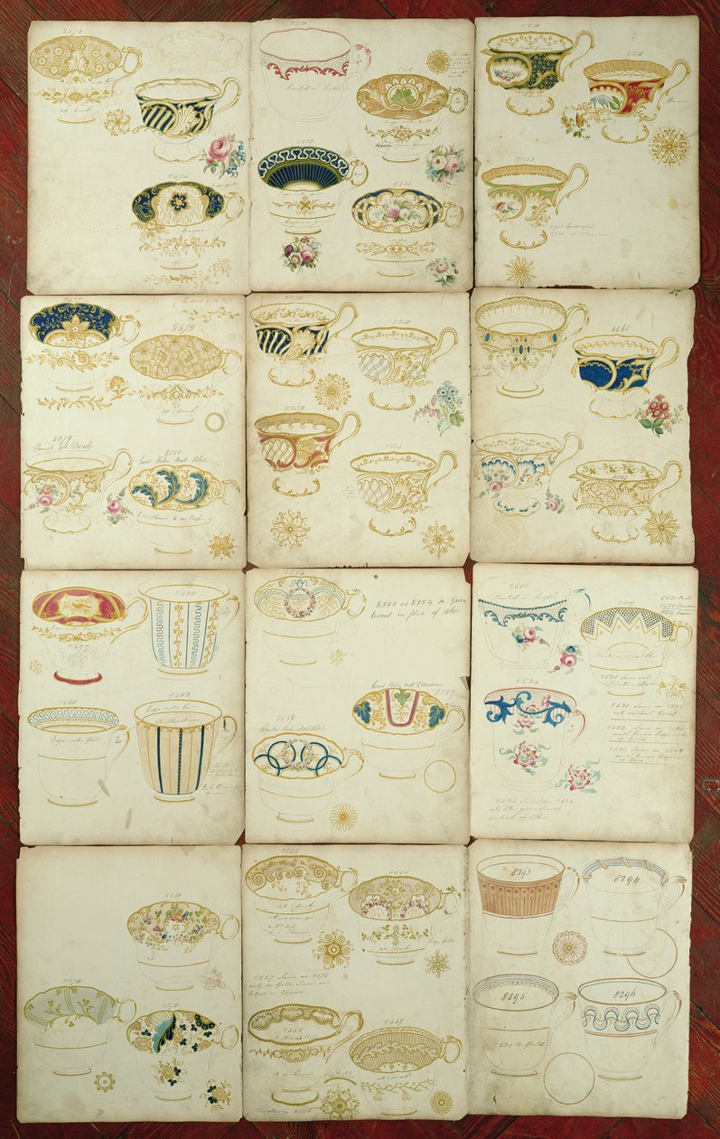 Entwürfe für Teetassen, hergestellt in der Daniel Factory, Staffordshire, um 1845 von English School