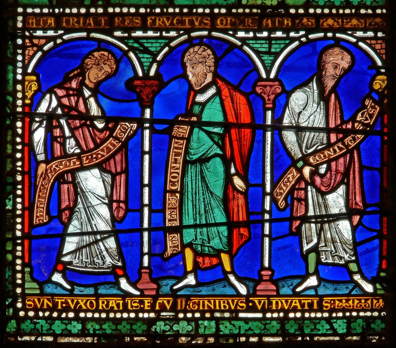 Detail eines der Bibelfenster, das Jungfräulichkeit, Enthaltsamkeit und Ehe zeigt (Detail) von English School
