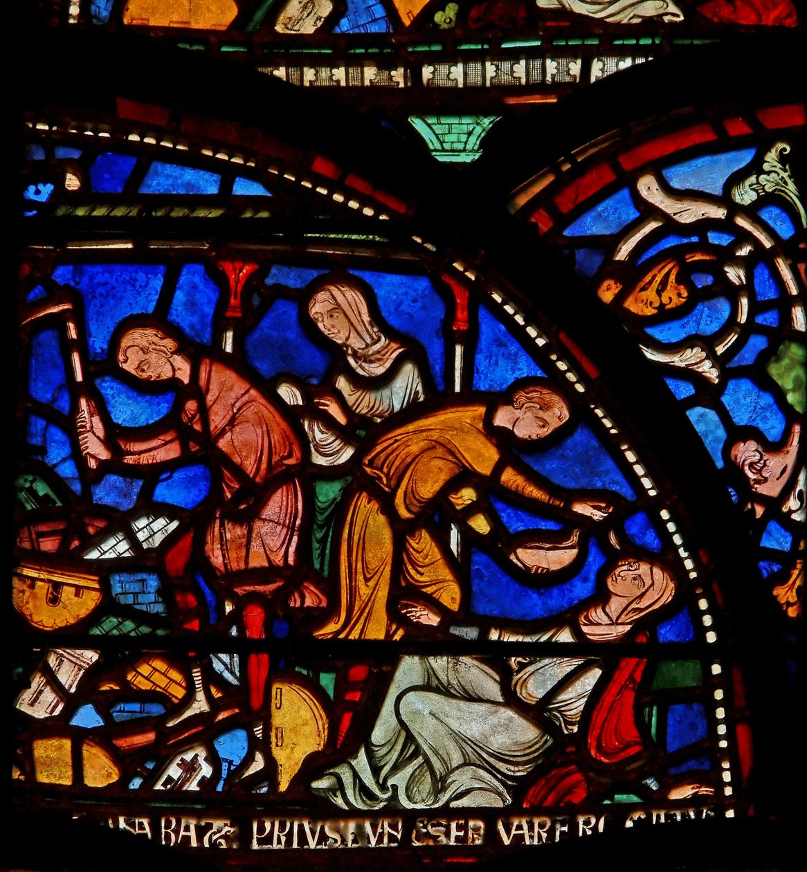 Detail aus dem Wunderfenster mit der Mutter von Geoffrey von Winchester, die zum Hl. Thomas betet von English School