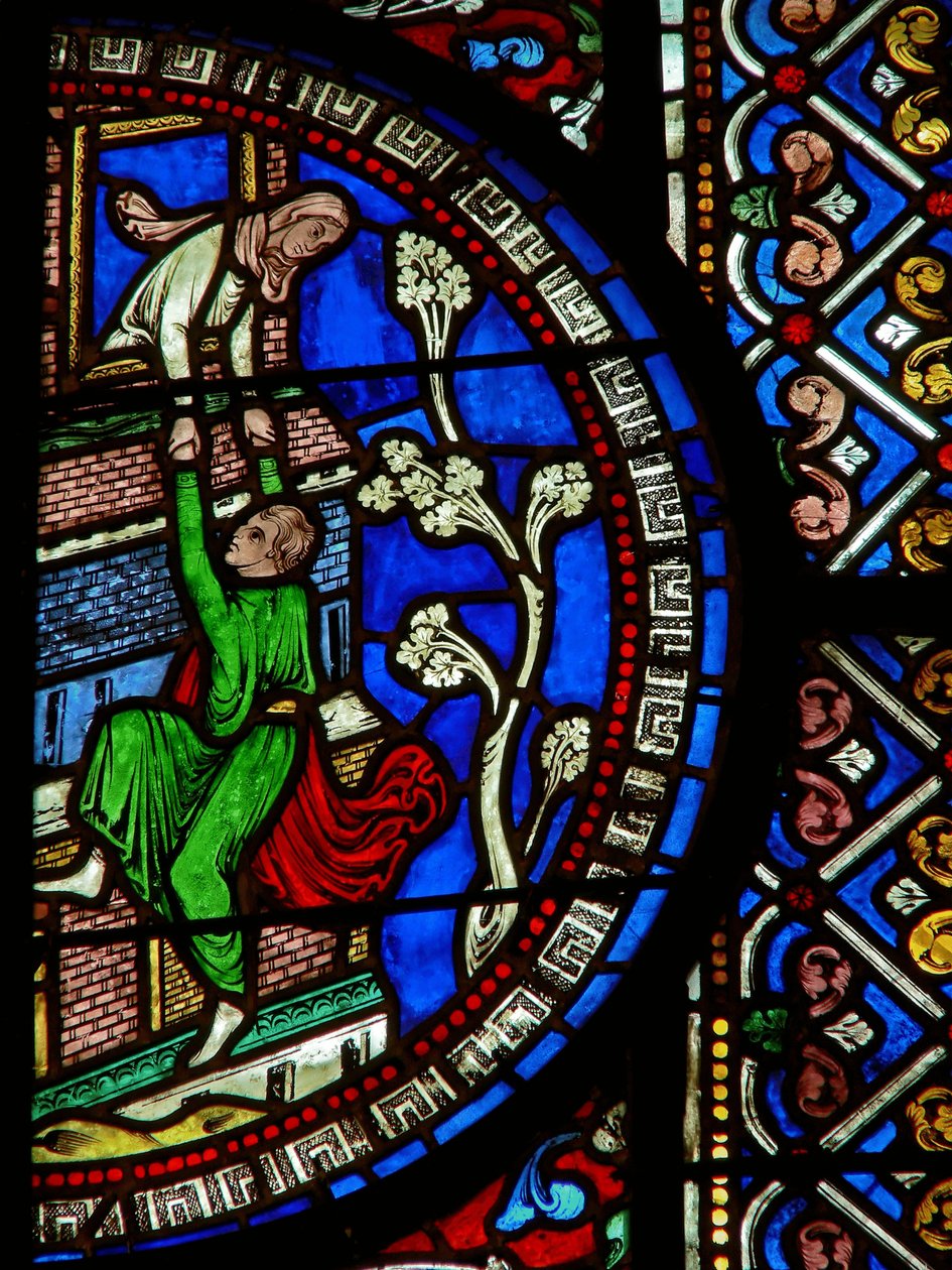 Detail aus dem Ostfenster der Dreifaltigkeitskapelle mit David, der aus der Stadt flieht von English School