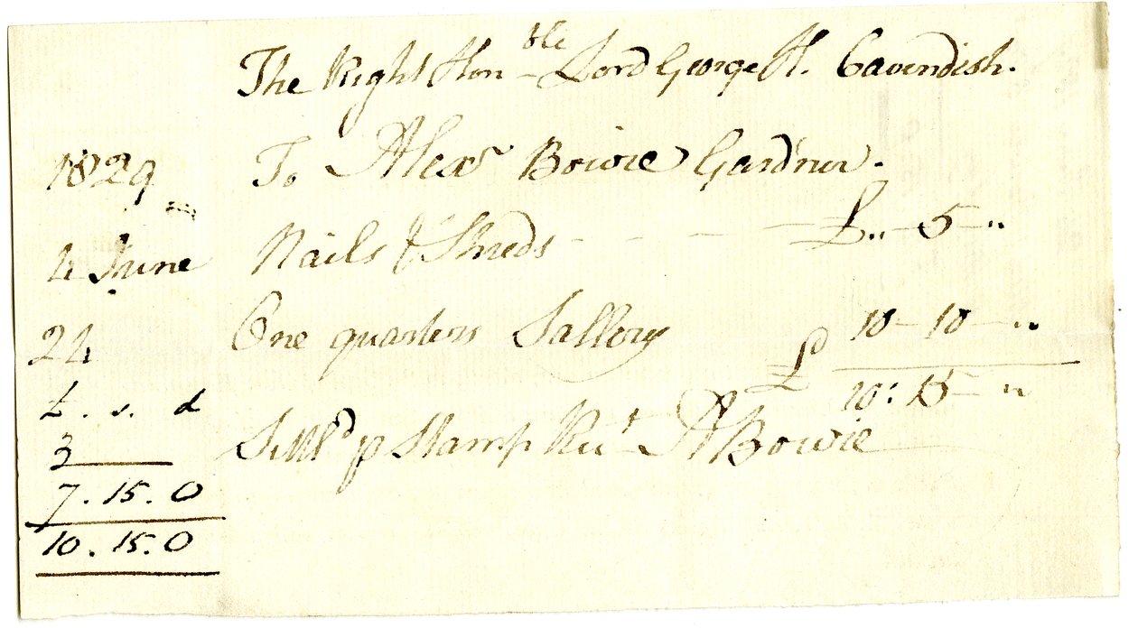 Devonshire MSS AS 3101, Folio aus einem Bündel von Rechnungen, beglichen von Pinder Simpson für Lord George Cavendish, einschließlich Alexander Bowies Rechnung von English School