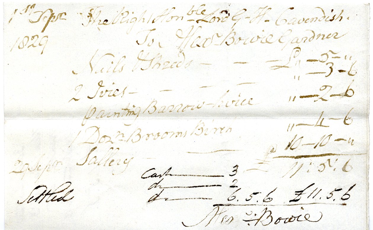 Devonshire MSS AS 3101, Folio aus einem Bündel von Rechnungen, beglichen von Pinder Simpson für Lord George Cavendish, einschließlich Alexander Bowies Rechnung von English School