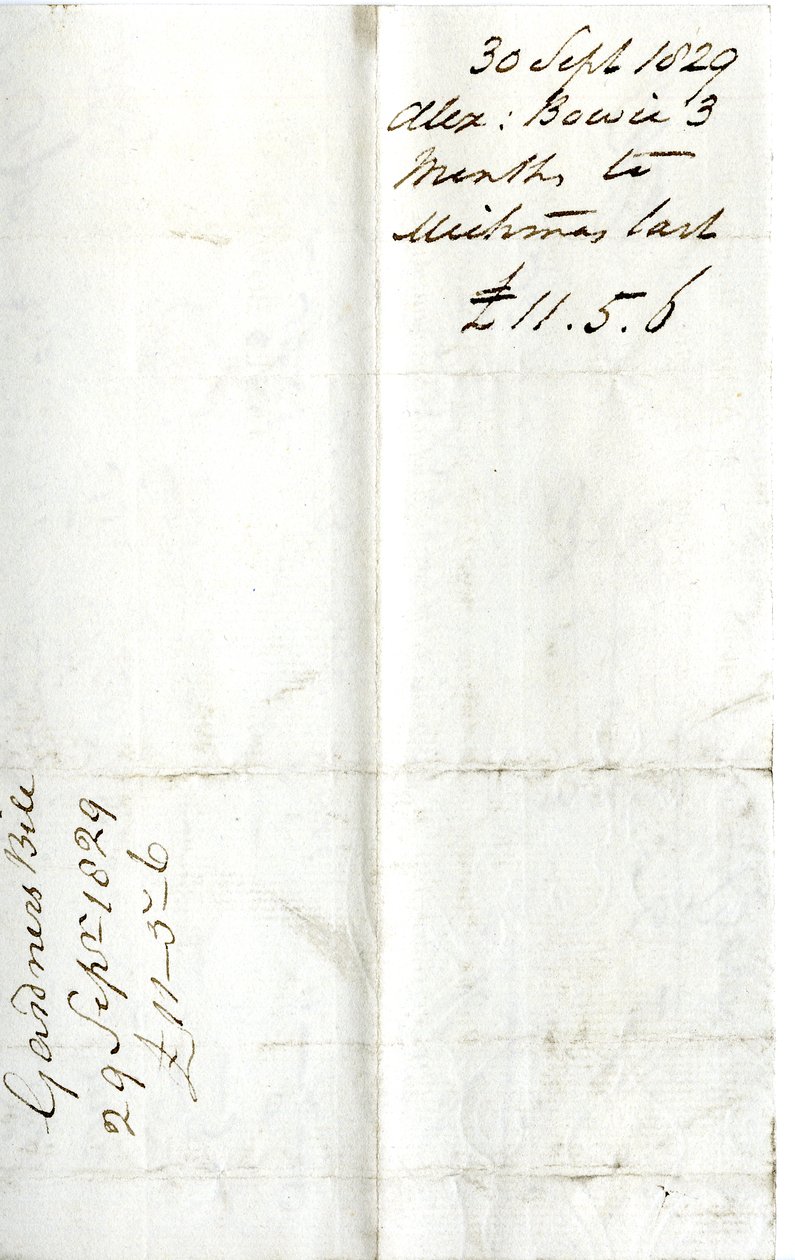 Devonshire MSS AS 3101, Folio aus einem Bündel von Rechnungen, beglichen von Pinder Simpson für Lord George Cavendish, einschließlich der Rechnung von Alexander Bowie von English School