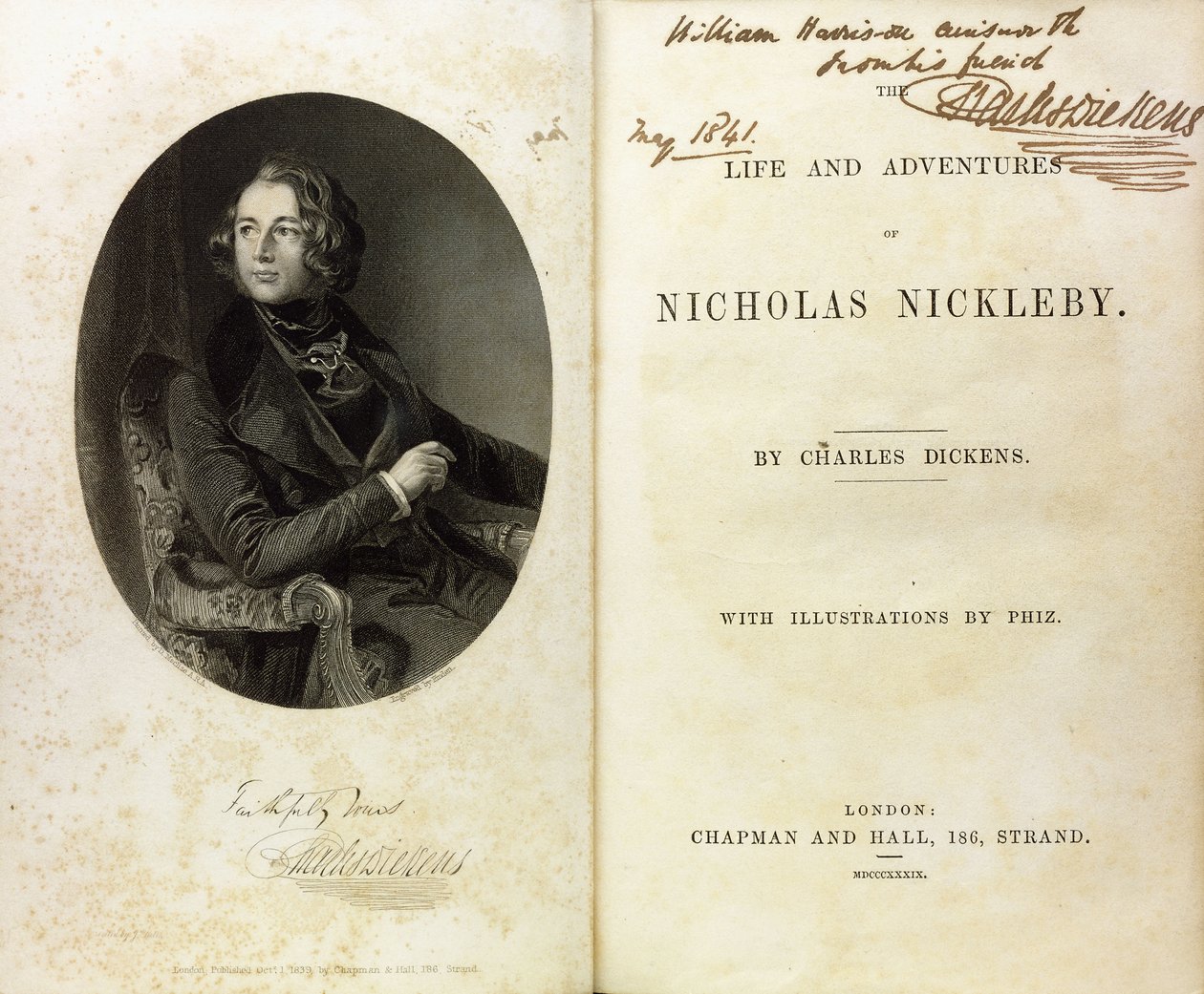 Doppelseite mit einem Porträt von Dickens und einer Widmung von Dickens an William Harrison Ainsworth von English School