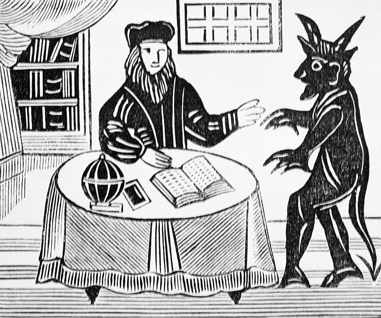Dr. Faustus im Rat mit dem Teufel, aus Gents Übersetzung von Dr. Faustus von Christopher Marlowe (1564-93) 1648 aus einer Sammlung von Chapbooks über Esoterik von English School