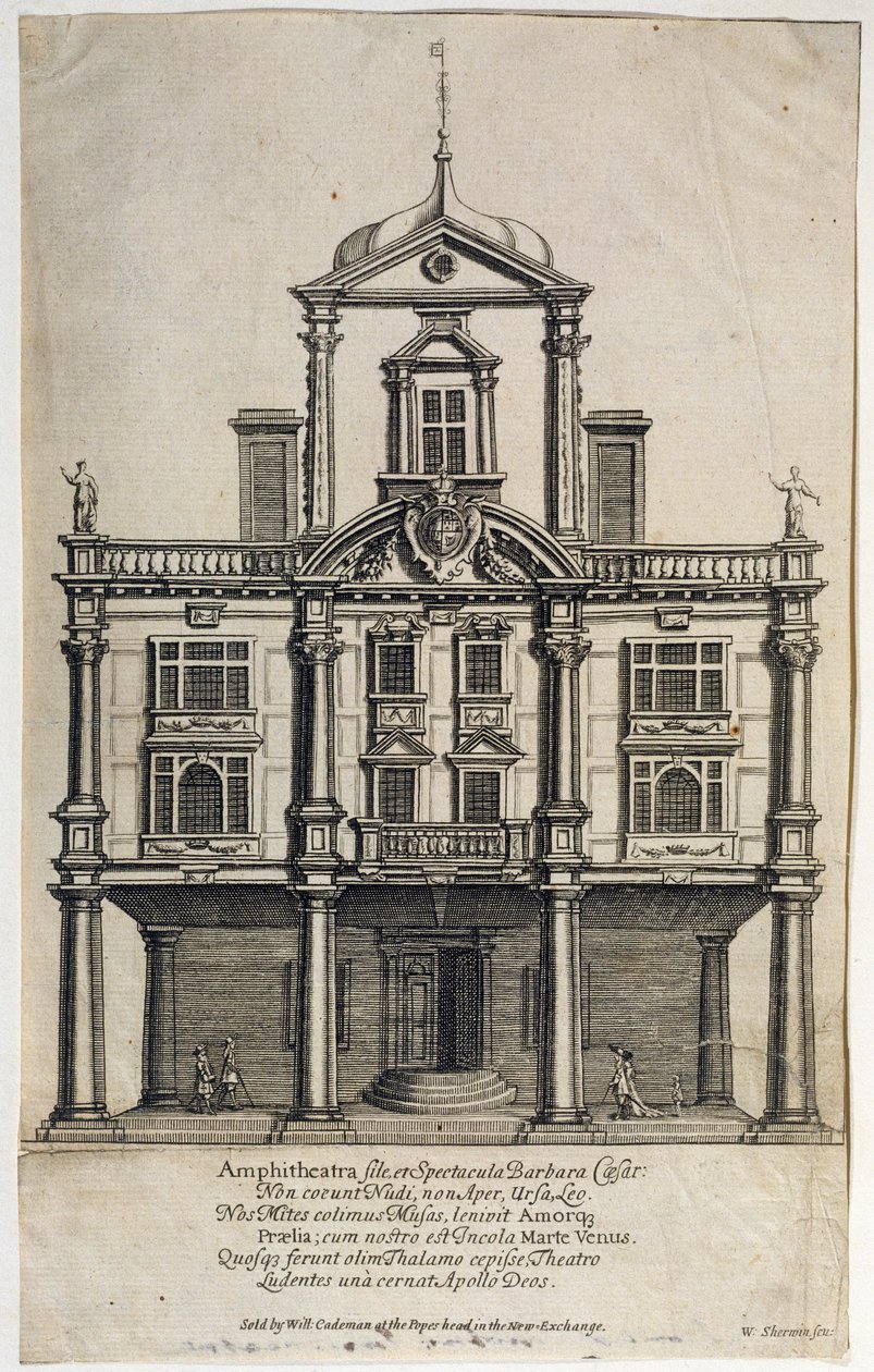 Dukes Theatre, Dorset Gardens, graviert von W. Sherwin (ca. 1645-1711) 1673 von English School