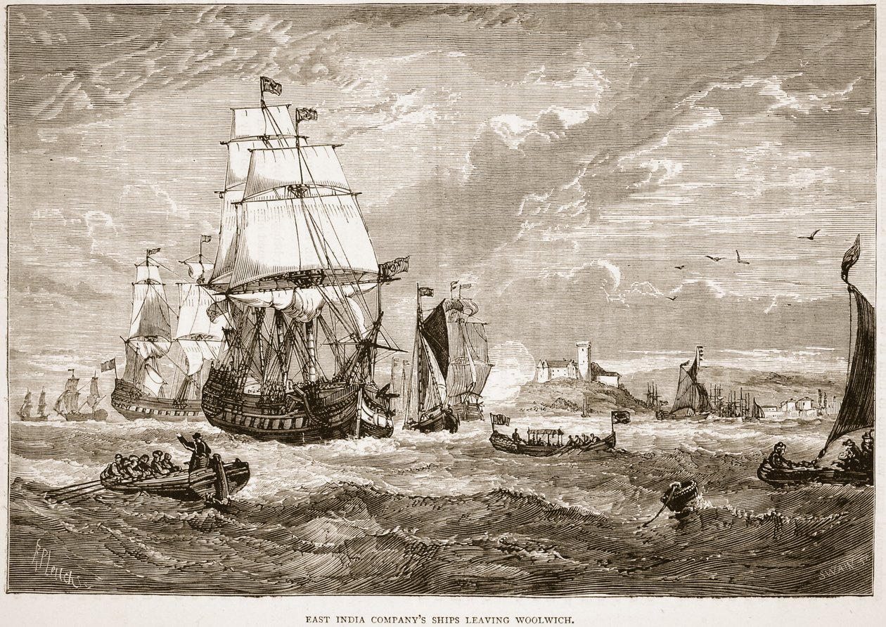 Schiffe der East India Company verlassen Woolwich, Illustration aus Cassells Illustrierter Geschichte Indiens von James Grant, veröffentlicht 1879 von English School
