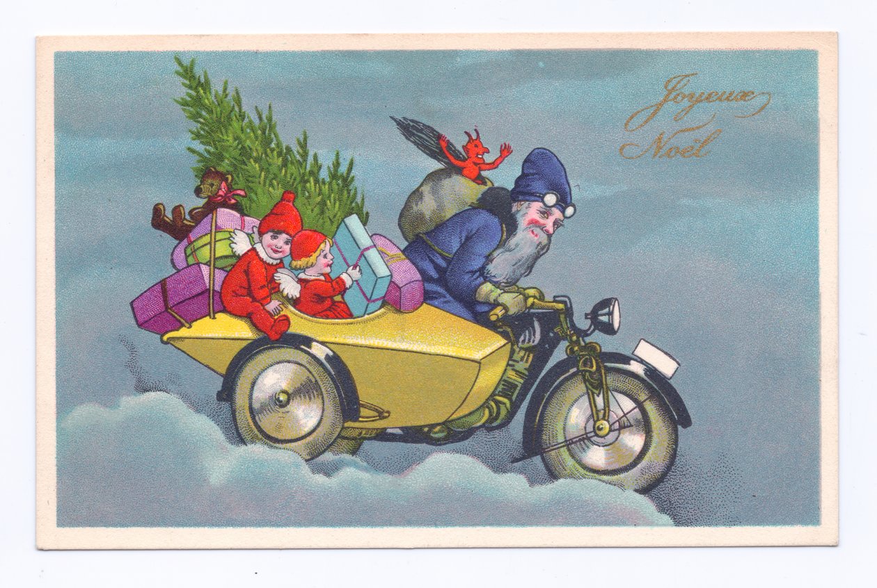 Edwardianische Weihnachtskarte von Weihnachtsmann, der ein Oldtimer-Seitenwagen-Motorrad mit Kindern und Geschenken fährt, ca. 1910 von English School