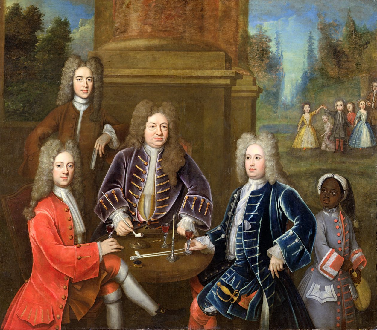 Elihu Yale (1648-1721) der zweite Herzog von Devonshire, Lord James Cavendish, Mr Tunstal und ein Page, ca. 1708 von English School