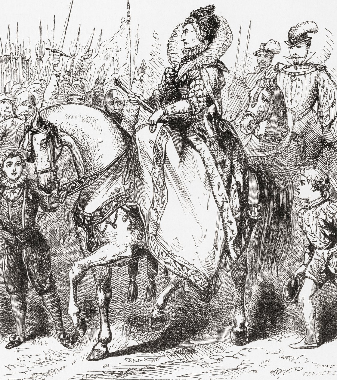 Elisabeth I inspiziert ihre Truppen im Hafen von Tilbury, 1588, aus Ward und Locks Illustrierter Geschichte der Welt, ca. 1882 von English School