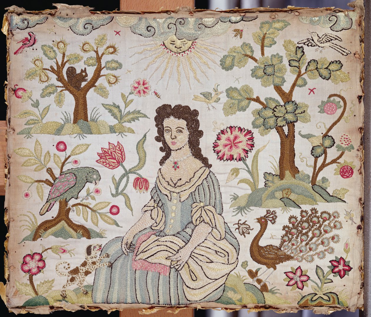 Besticktes Paneel, das eine Dame in einem Garten darstellt, ca. 1700 (Seide) von English School