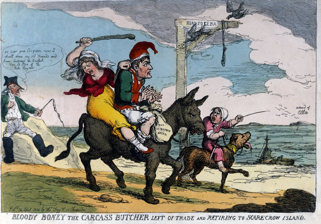 Englische Karikatur über das Exil von Kaiser Napoleon I. zeigt ihn auf einem Esel auf dem Weg zur Insel Elba. 04/1814. von English School