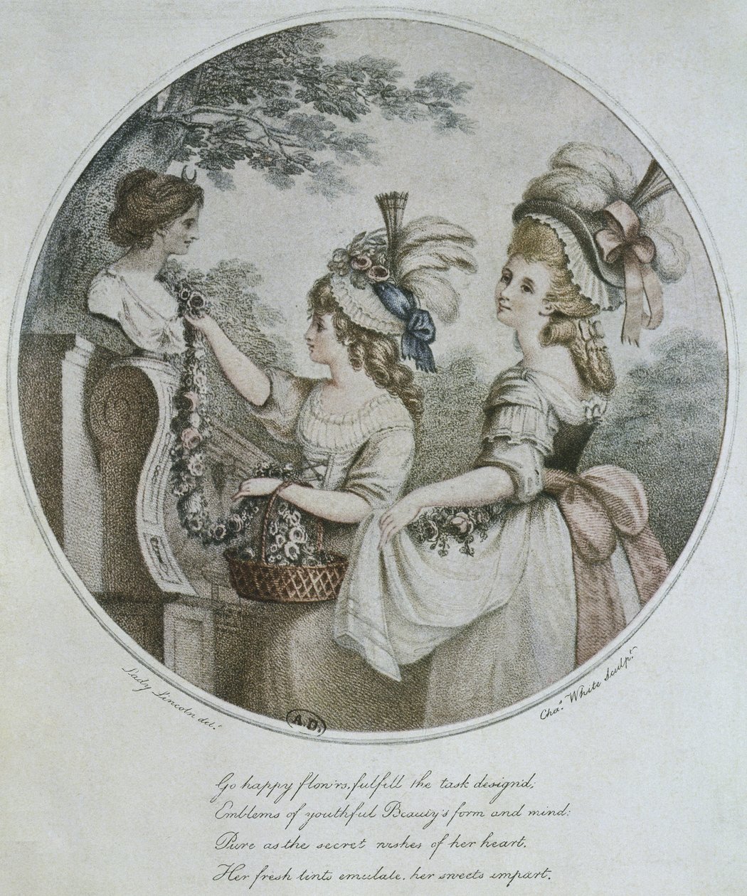 Englische Frisuren, graviert von Charles White (Farbstich) von English School