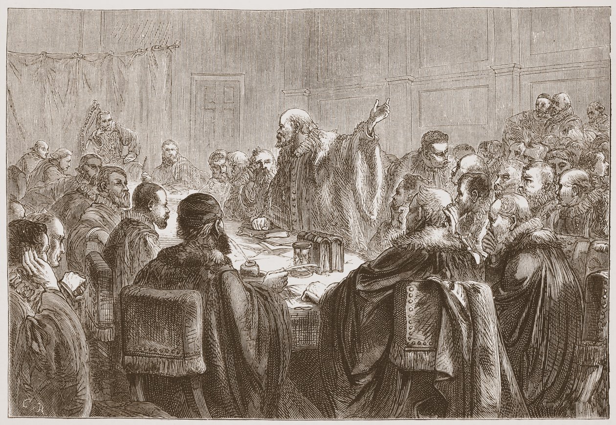Episcopius spricht die Mitglieder der Synode von Dordrecht an, Illustration aus The History of Protestantism von James Aitken Wylie, veröffentlicht 1878 von English School