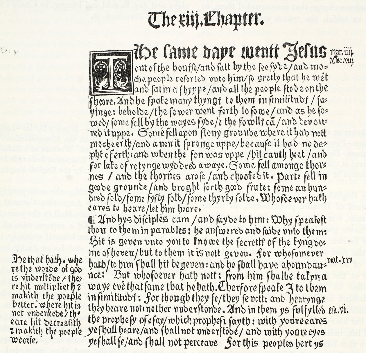 Faksimile des Matthäus-Evangeliums, Kapitel XIII, Verse 1-15, aus Tyndales Testament, Illustration aus The History of Protestantism von James Aitken Wylie, veröffentlicht 1878 von English School