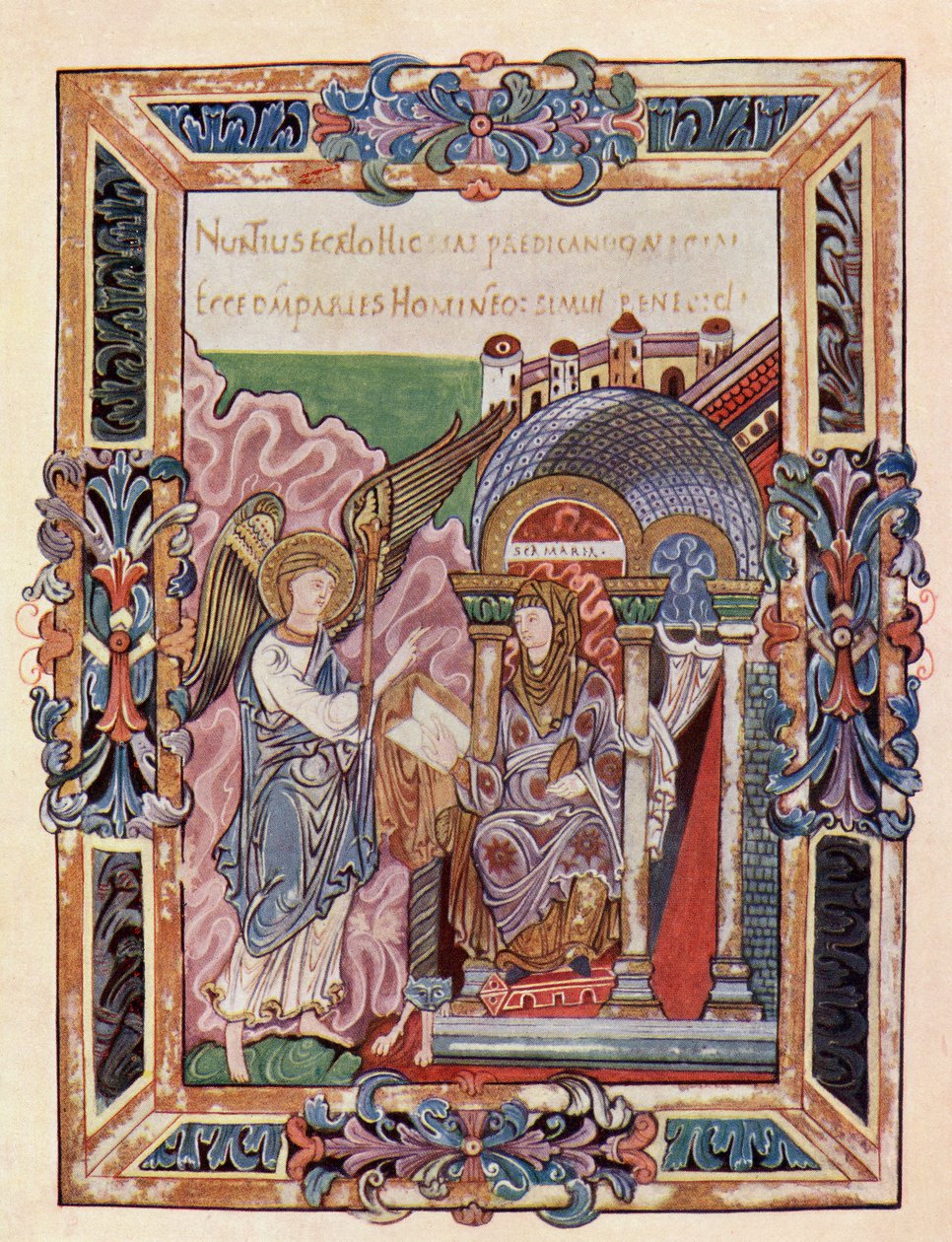 Faksimile einer Seite aus dem Ethelwold Benedictional, die die Verkündigung zeigt, aus dem Buch The Church of England: A History for the People, veröffentlicht ca. 1910 von English School