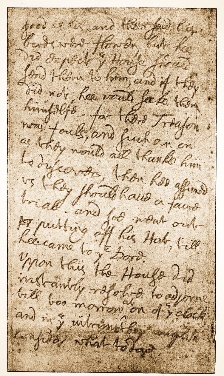 Faksimile einer Seite von Sir Ralph Verneys Notizen zum Langen Parlament aus Memoirs of the Verney Family (Sepia-Foto) von English School