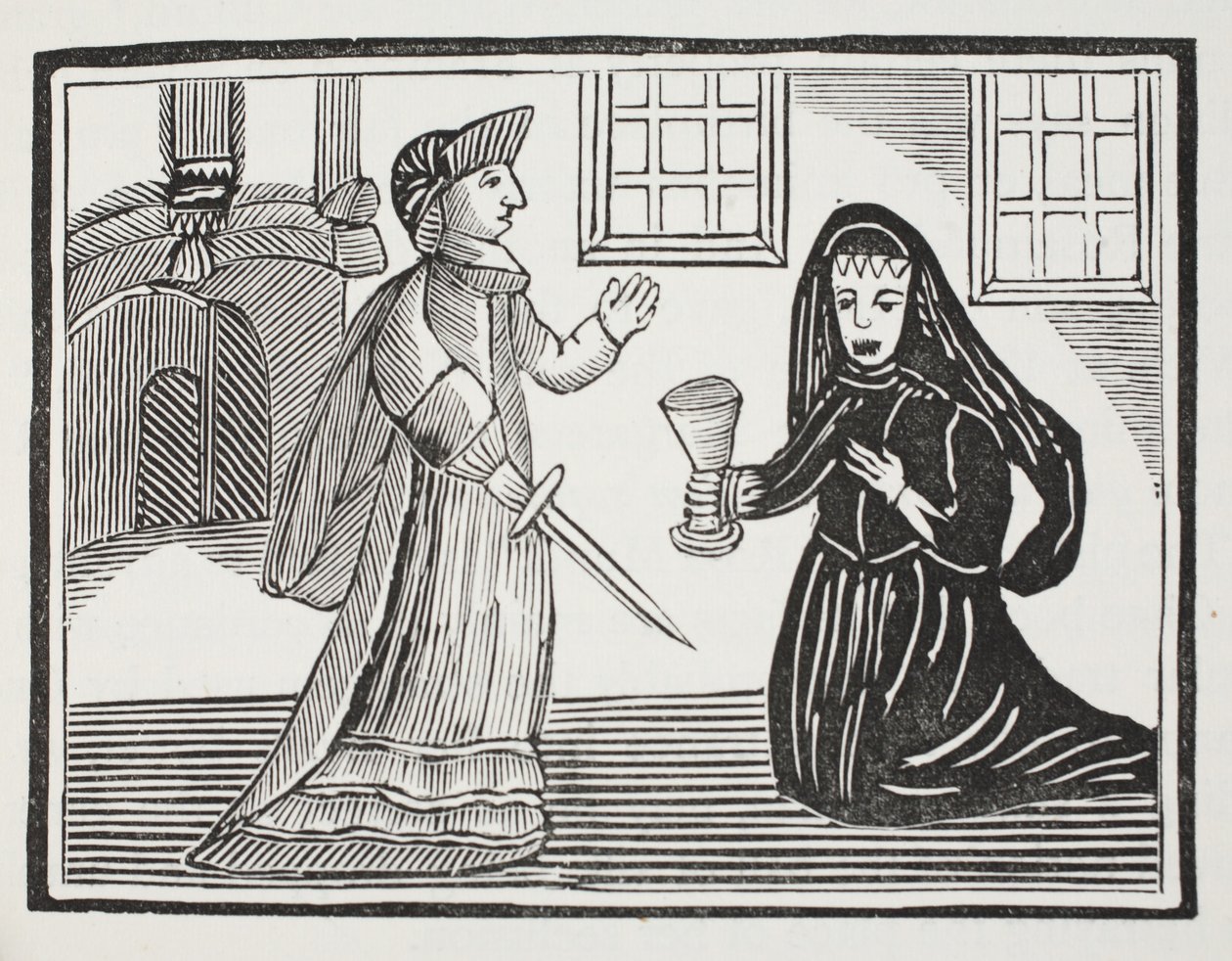 Die schöne Rosamunde wird von Königin Eleanor vergiftet, Illustration aus Chap-books des achtzehnten Jahrhunderts von John Ashton, veröffentlicht 1882 von English School