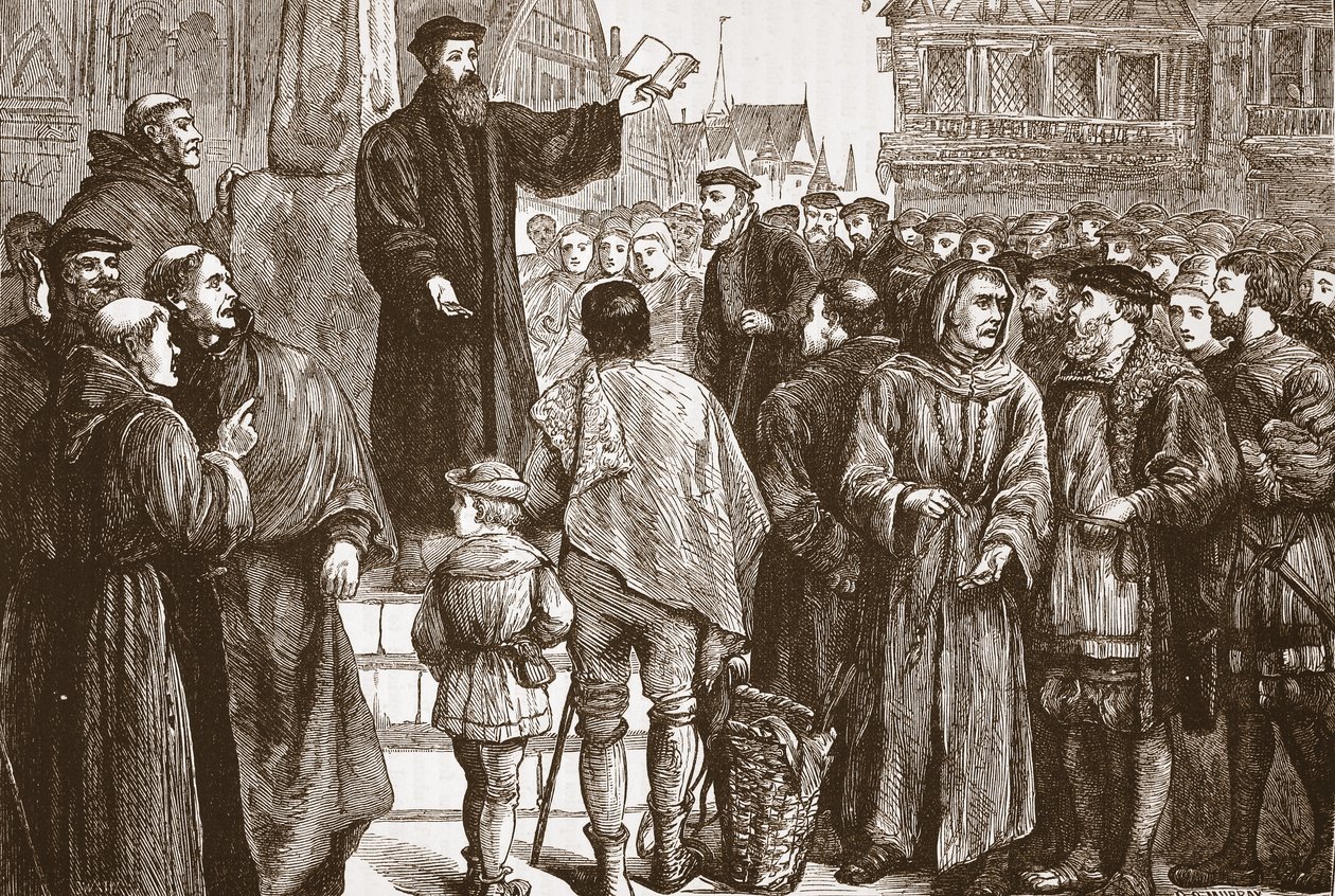 Farel predigt auf dem Marktplatz von Neuchatel, Illustration aus Die Geschichte des Protestantismus von James Aitken Wylie, veröffentlicht 1878 von English School