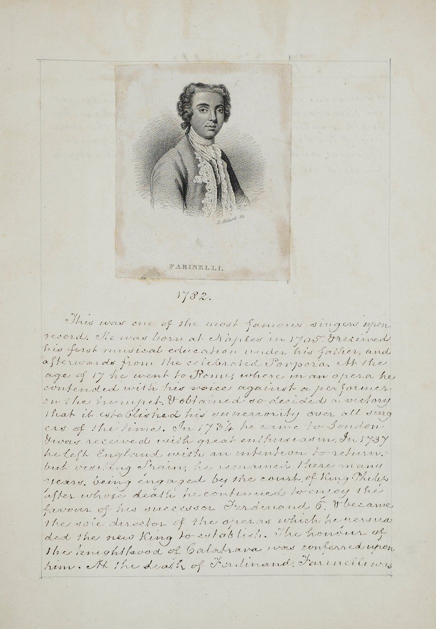 Farinelli, graviert von Henry Adlard (tätig 1828-69), ca. 1830 (Gravur & Tinte auf Papier) von English School