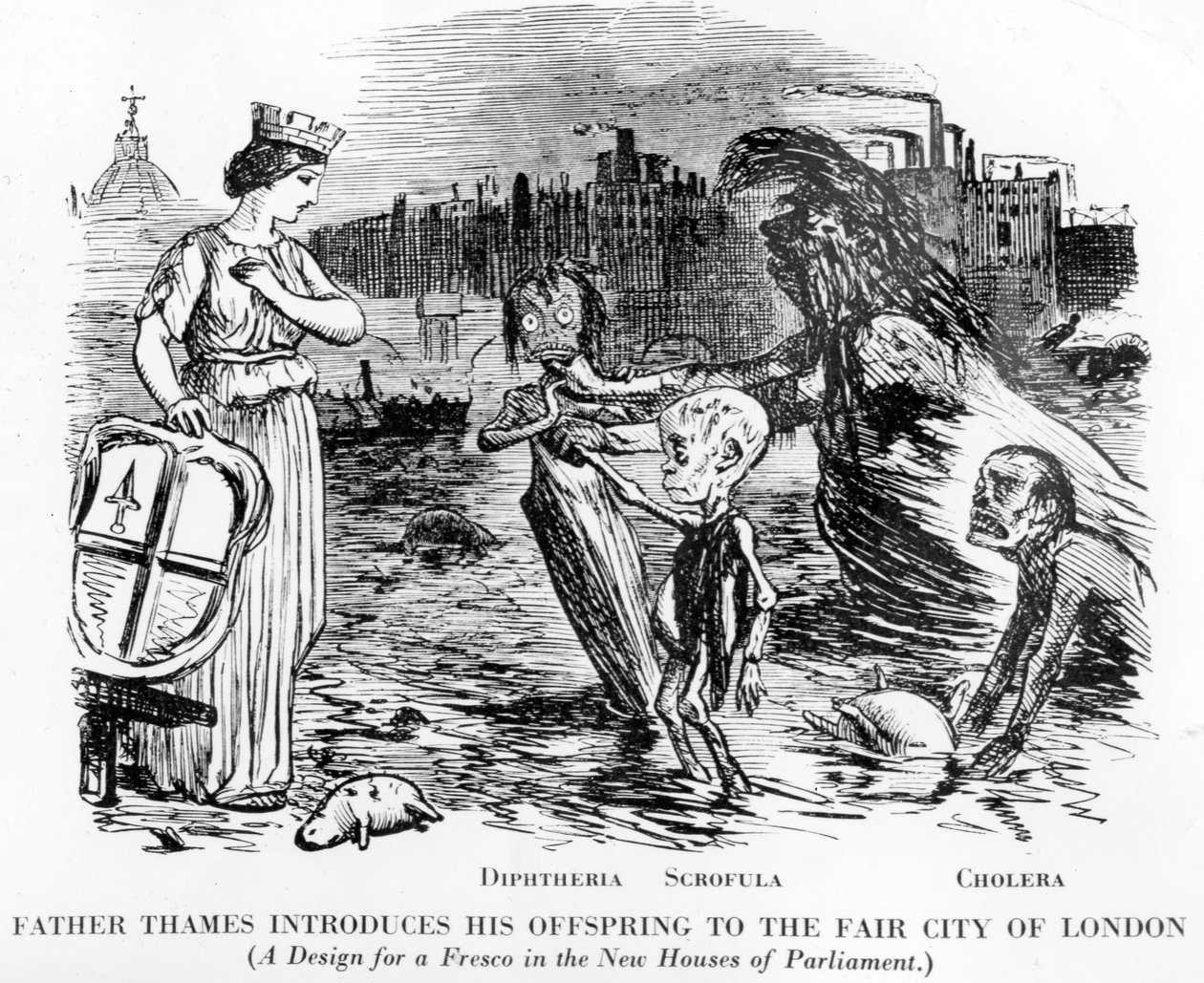 Vater Thames stellt seine Nachkommen der schönen Stadt London vor, die Nachkommen sind Diphtherie, Skrofulose und Cholera. Mehr ein offener Abwasserkanal als ein Fluss, der widerliche Zustand der Themse in London. von English School