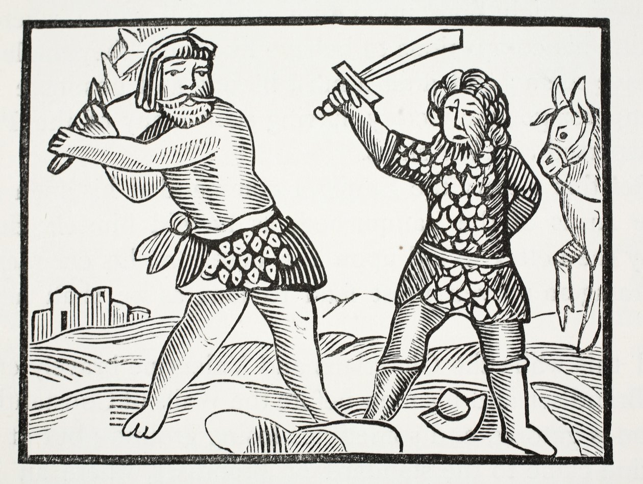 Ferragus erhebt eine mächtige Armee und belagert die Stadt Acquitain, Illustration aus Chap-books of the Eighteenth Century von John Ashton, veröffentlicht 1882 von English School