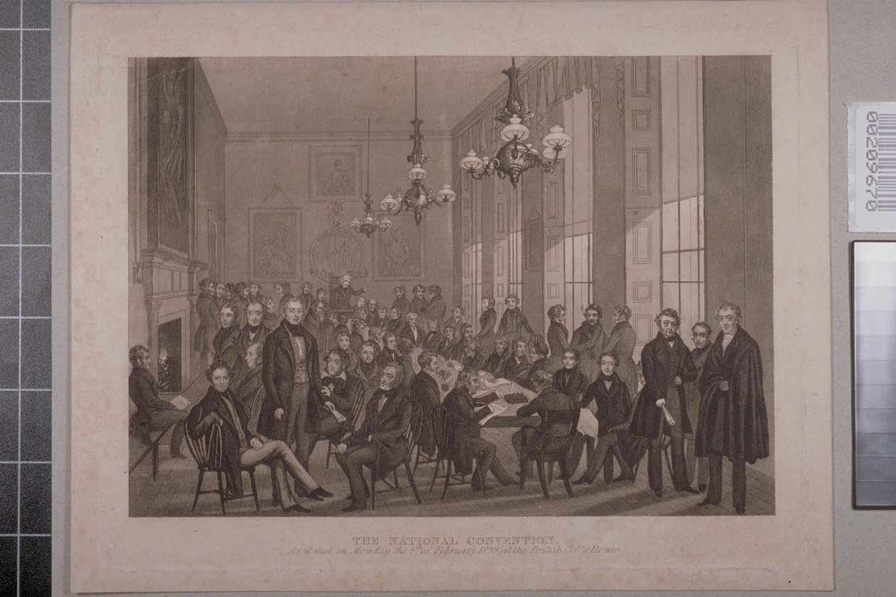 Erstes Chartistentreffen, British Coffee House in der Cockspur Street, 1839 von English School