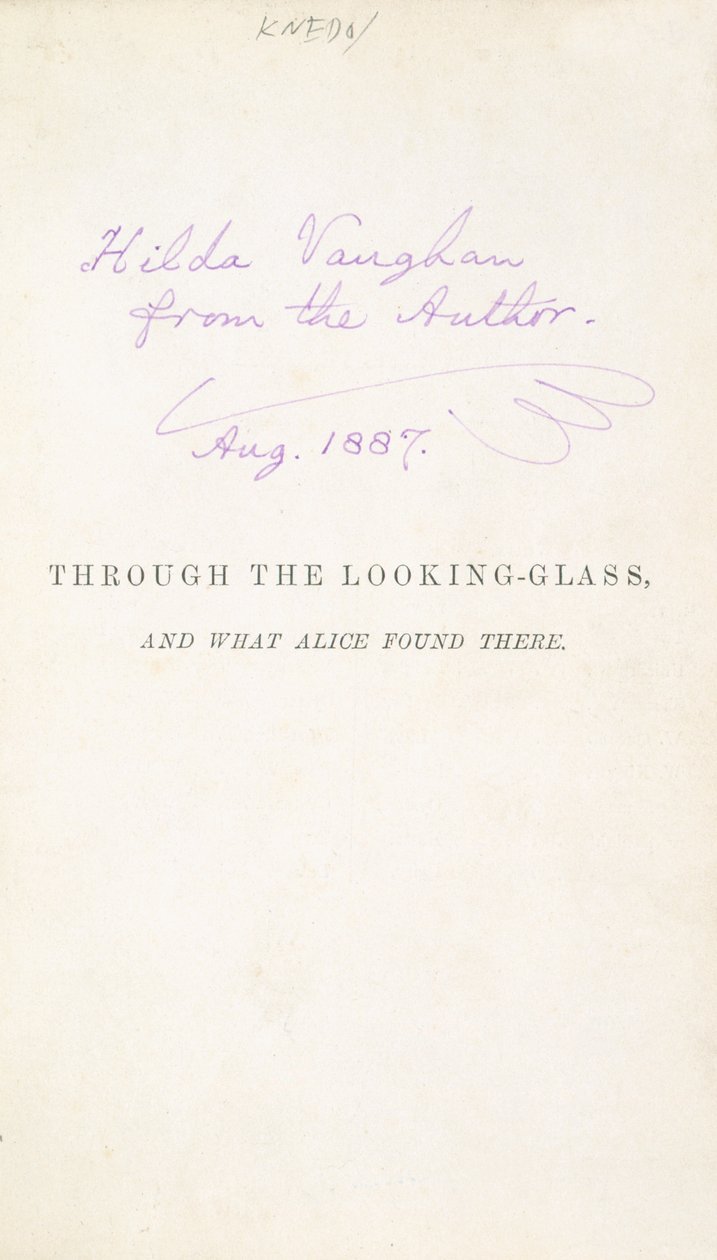 Erstausgabe von Lewis Carrolls Alice hinter den Spiegeln, mit der Widmung des Autors an Hilda Vaughn, 1887 von English School